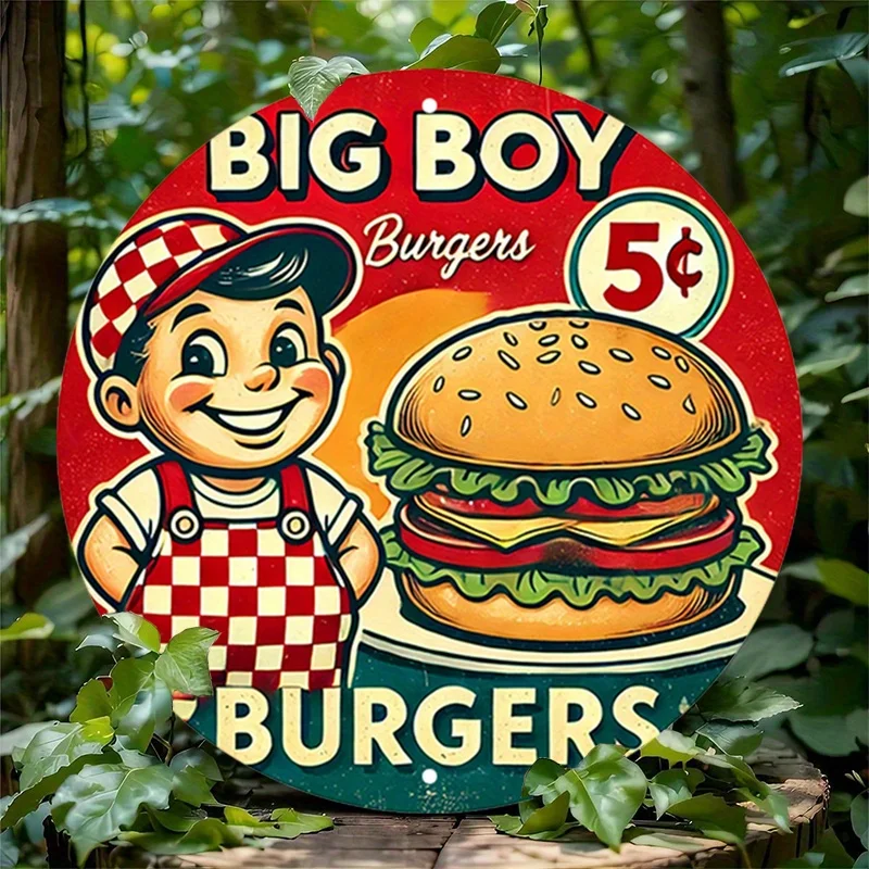 1pc Vintage Metal Sign Big Boy Burgers Aluminum Round Poster - Classic Diner Imagery with Retro Look, Wall Art for Bars, Cafes,