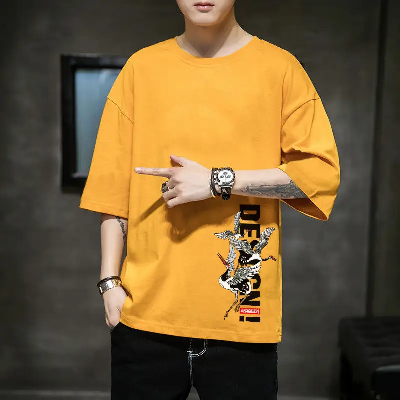

2023 New Summer Fashion Retro Literature Simple Chinoiserie Round Neck Crane Print Loose Casual Oversized Men's T-shirt