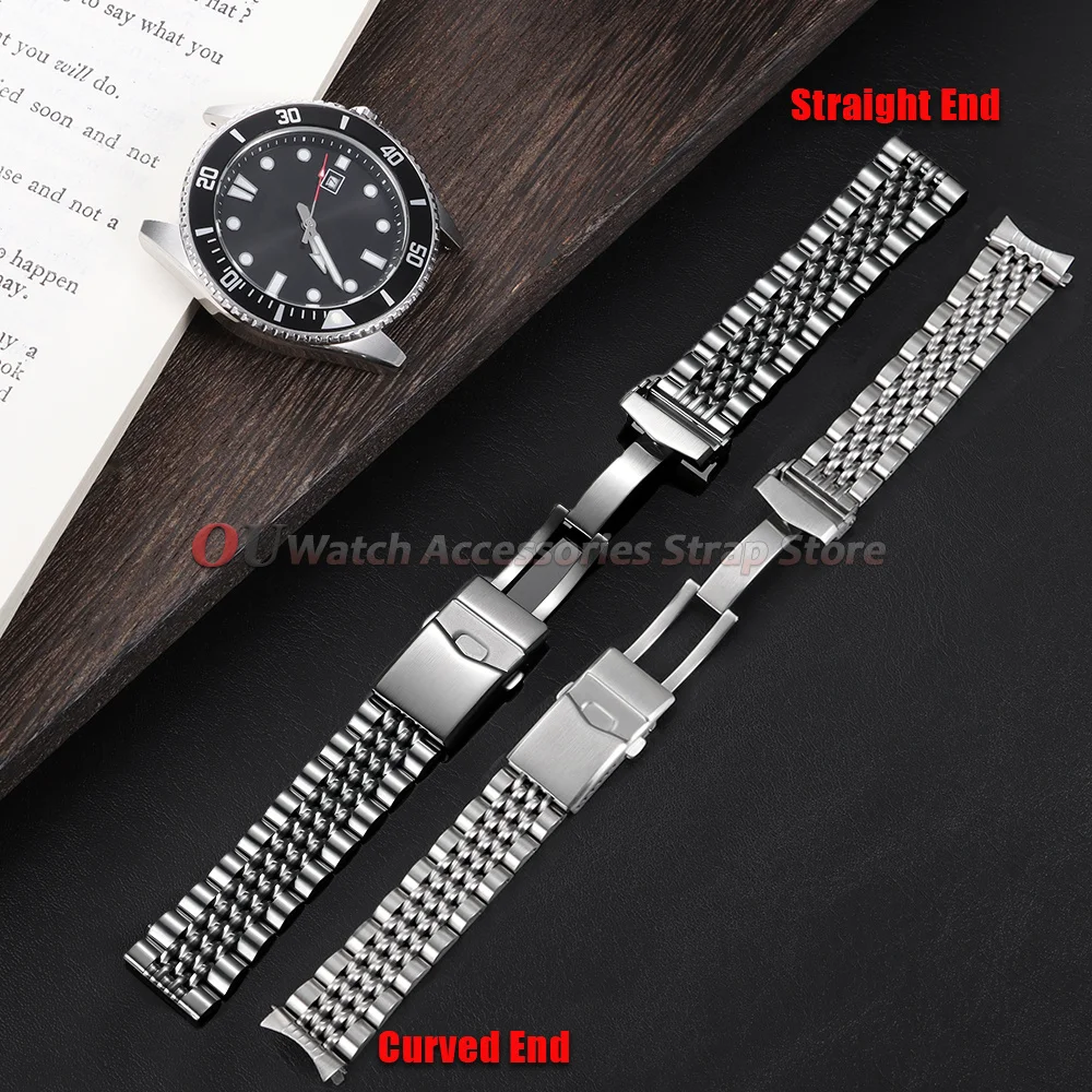 Straight/Curved End Screw Link Solid Stainless Steel Strap 20mm 22mm for Seiko for Rolex Watch Bands Men Folding Buckle Bracelet