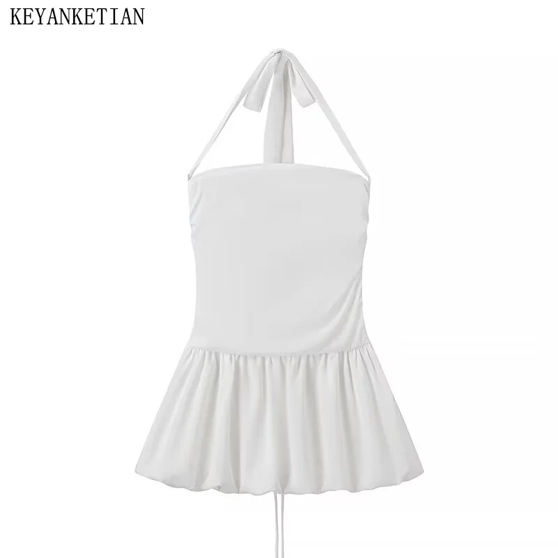 KEYANKETIAN 2024 New Women's Halter Puffy Dress Summer Y2K Spicy Girl Sexy Club Slash neck Corset Mini Dresses White Miniskirt