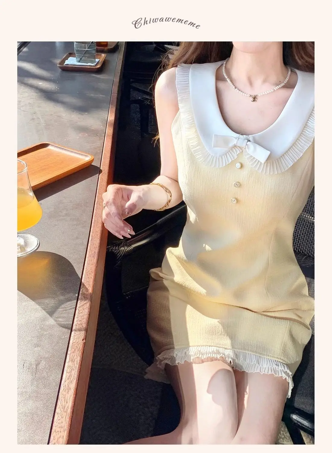 Fragrant Wind Doll Collar Women\'s Summer High Waist Yellow Dress