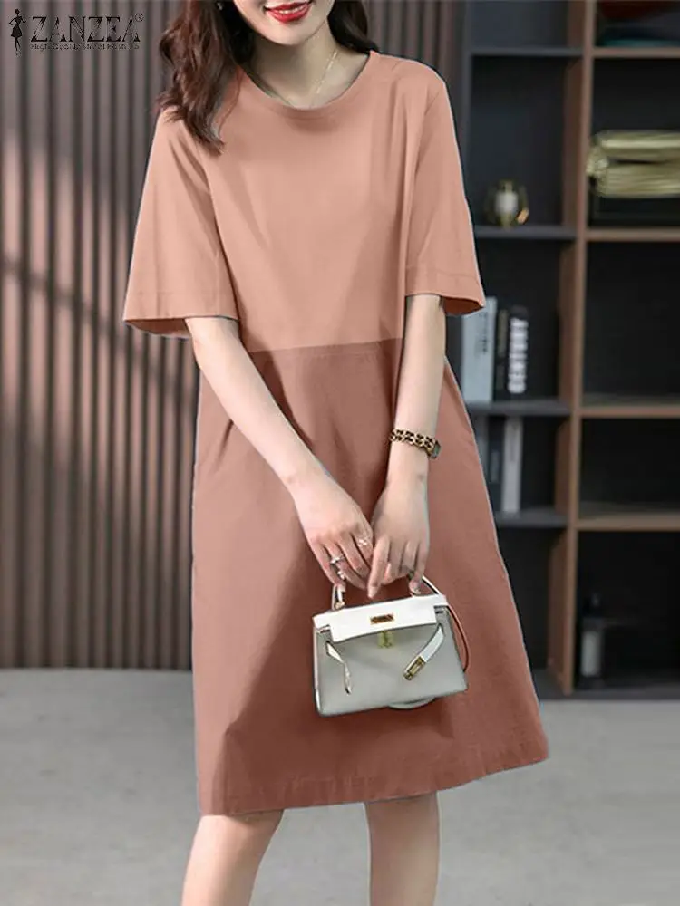

ZANZEA Casual Loose Midi Dresses Women Solid Long Dress 2024 Summer Short Sleeve Patchwork Kaftan Vestidos Simple Oversized Robe