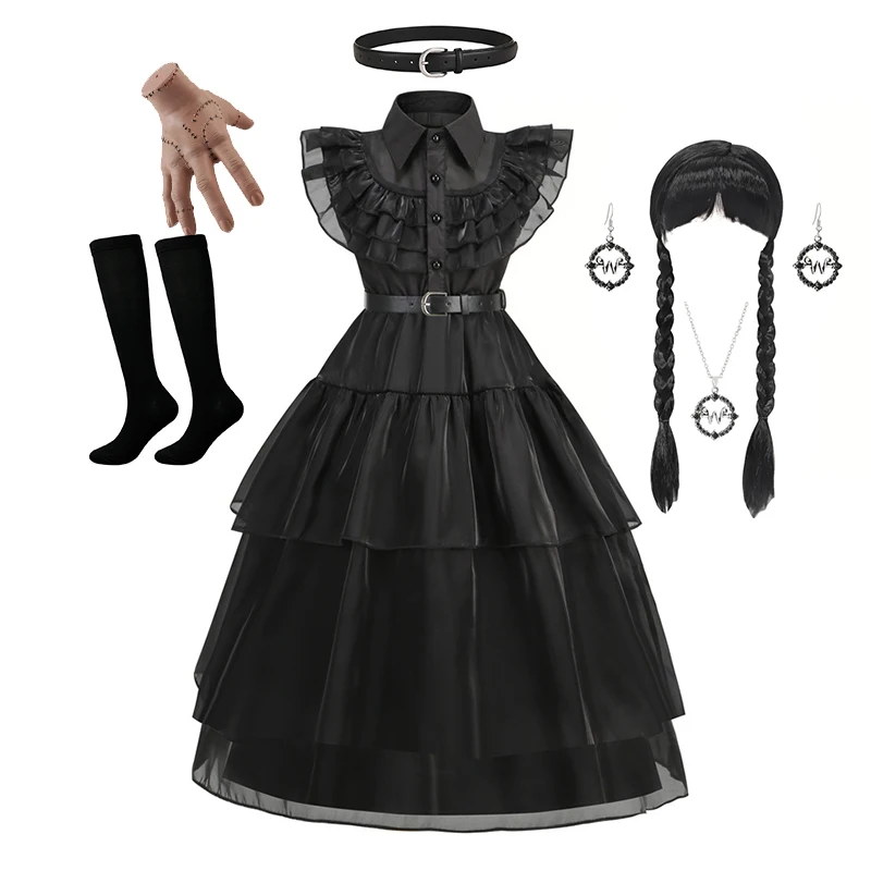 Crianças qua meninas cosplay traje para meninas vestidos crianças carnaval addams festa de aniversário de halloween preto estilo preppy vestido