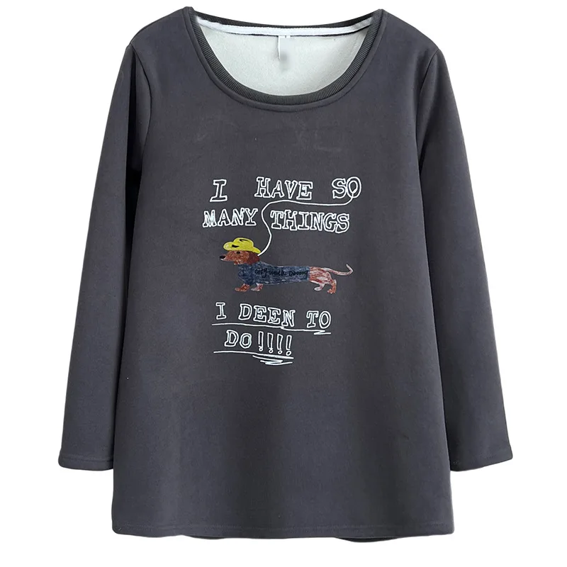 XXXXL Mode Plus Größe Frau Kleidung T-Shirt Winter Einfache Casual Mittlere Länge Warme Fleece Und Verdickte Gedruckt Cartoon Tops