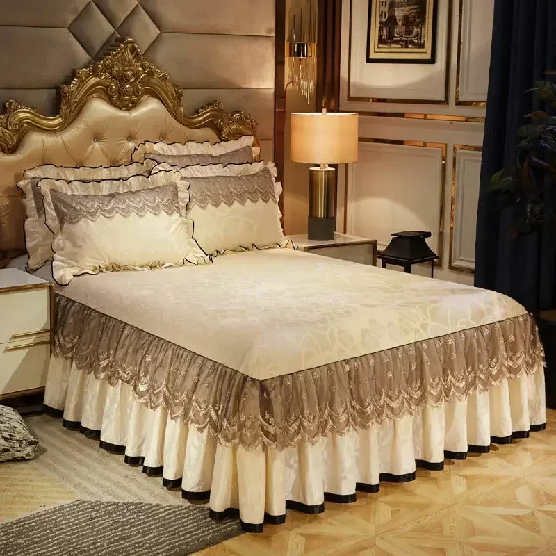 3 Pcs Bedding Set Luxury Soft Bed Spreads Heightened Bed Skirt Adjustable Linen Sheets Queen King Size Cover with Pillowcases