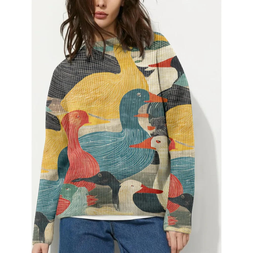 

Винтажный свитшот с рисунком птицы, пара, Harajuku, уличная одежда в стиле хип-хоп, зимний пуловер большого размера, красочная одежда в стиле народного искусства