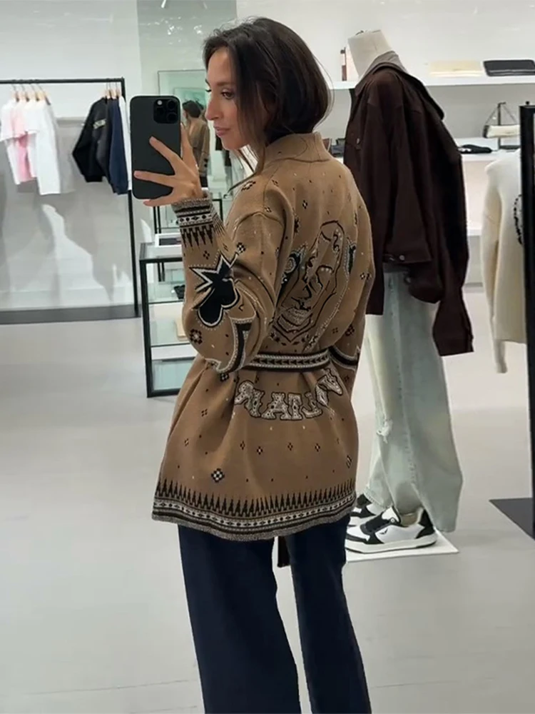 طباعة محبوك شرابة سترة طويلة المرأة الخامس الرقبة كم كامل الدانتيل يصل سترة الخريف أنيقة الإناث اليومية ملابس خارجية غير رسمية #2