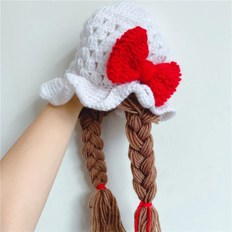 Handmade Knitted Baby Girl Wig Hat Infant Wigs Brades Kid Crochet Hat Caps With Plaits Bebe Photography Props Headwear 1-6 Yrs