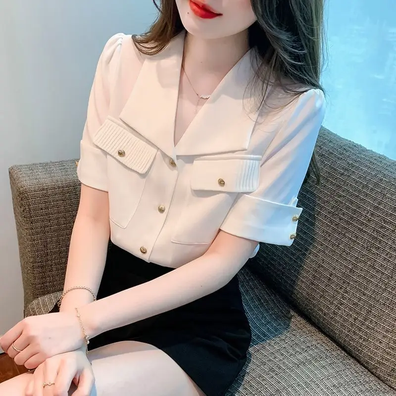 

Fashion Lapel Short Sleeve Chiffon Blouses Women's Summer 2024 New Commuter Solid Color Spliced Pockets Single-breasted Shirts