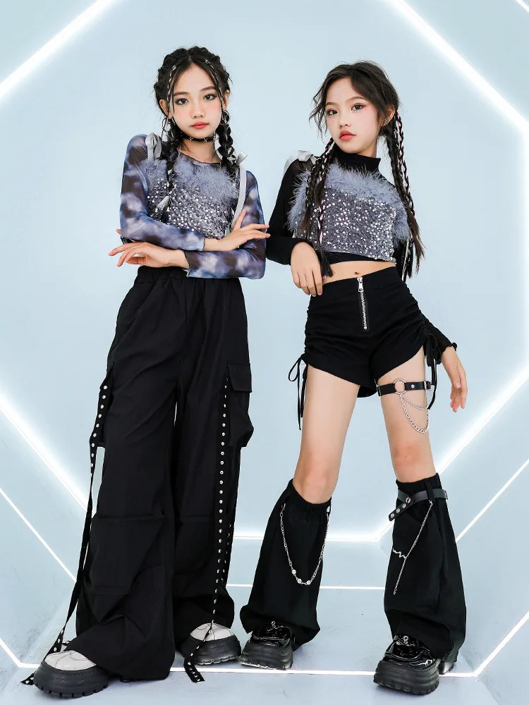 

Kpop Modern Jazz Dance Clothes Girls Sequin Crop Vest Black Hip-Hop Pants Kids Street Dance Concert Performance Clothing BL14278