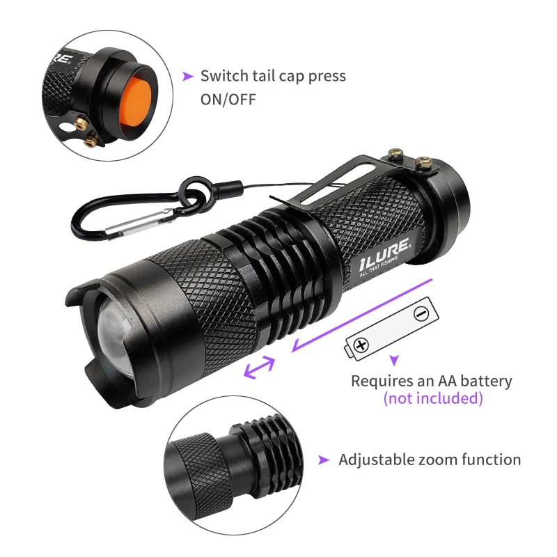 New Mini UV Purple Flashlight 395nm Fishing Lure Squid Jig Hook Supplement Light Fluorescent Detection Lamp Fishing Equipment