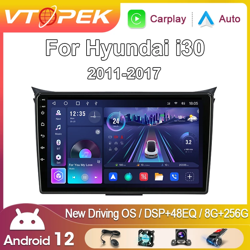 Автомобильный мультимедийный плеер Vtopek 2 Din Android 12 для Hyundai Elantra GT 2012-2016 с поддержкой GPS DVD Carplay и фу...