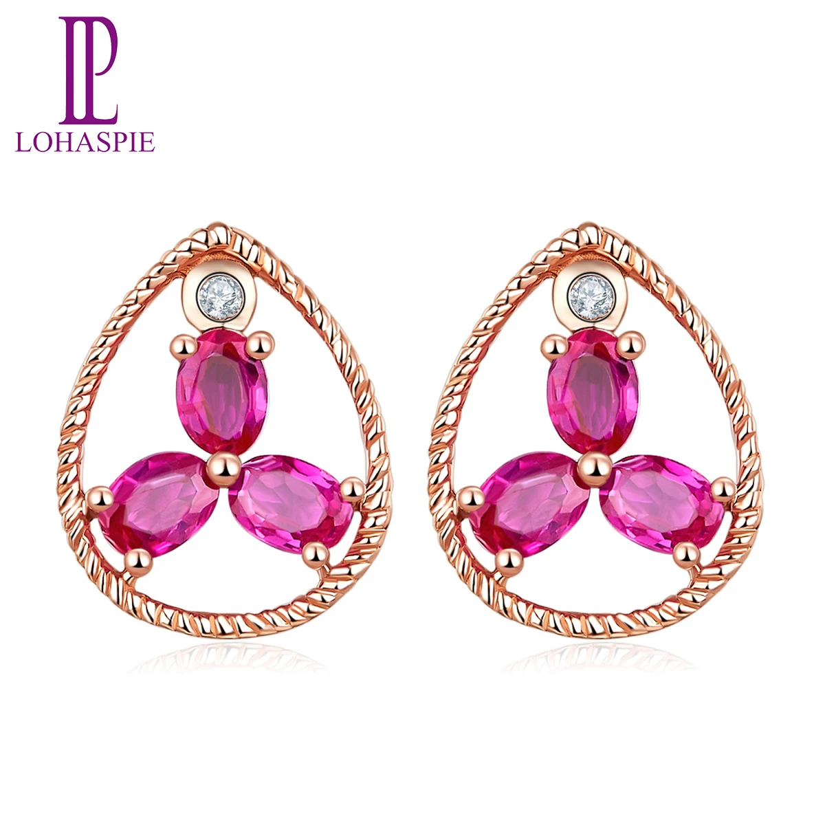 Lohaspie Stud Earrings Natural Ruby Diamond Solid 10K Rose Gold Gemstone Fine Jewelry For women's Gift NEW