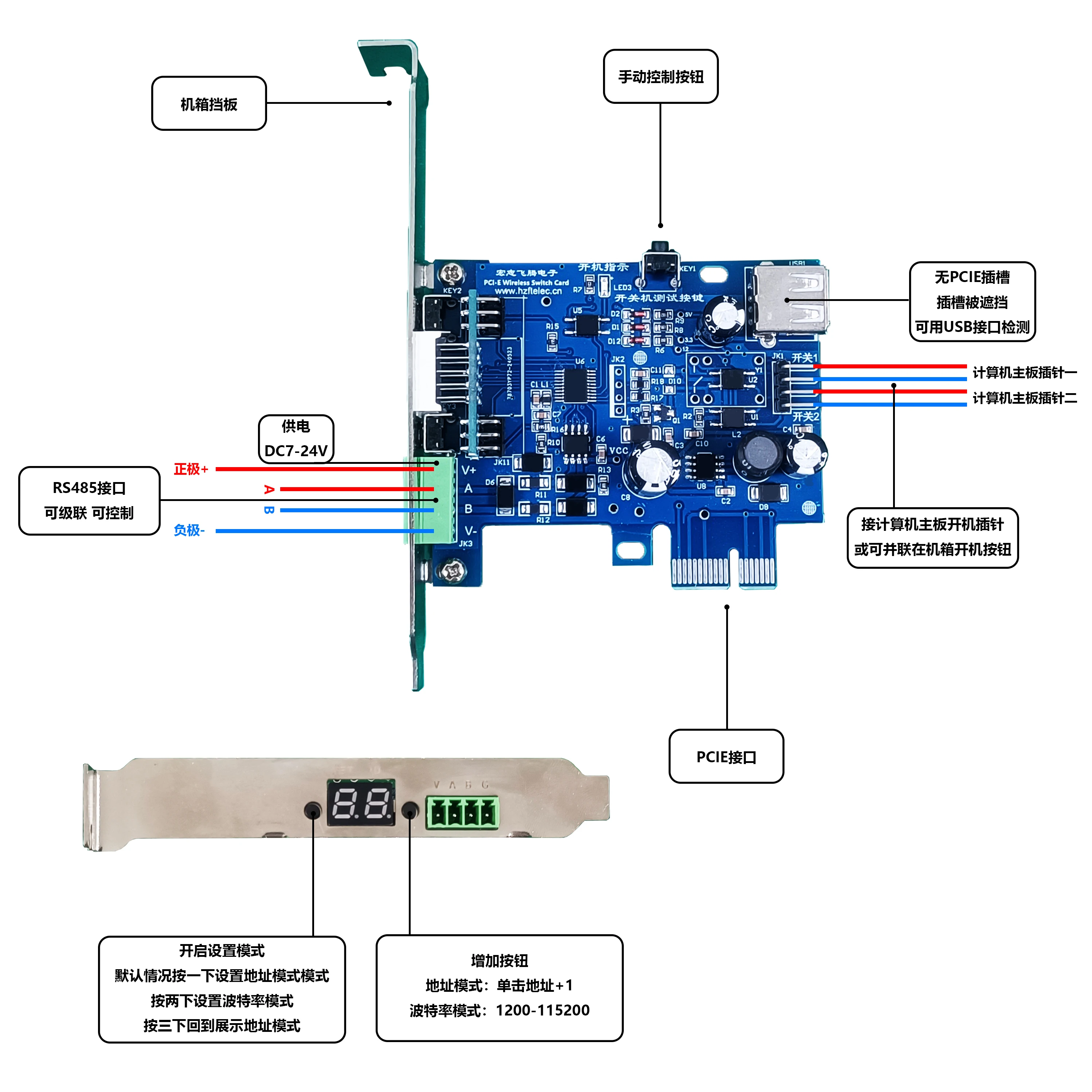 Remote computer switch on and off card PCIE slot 485 serial port control showroom computer switch safe and stable