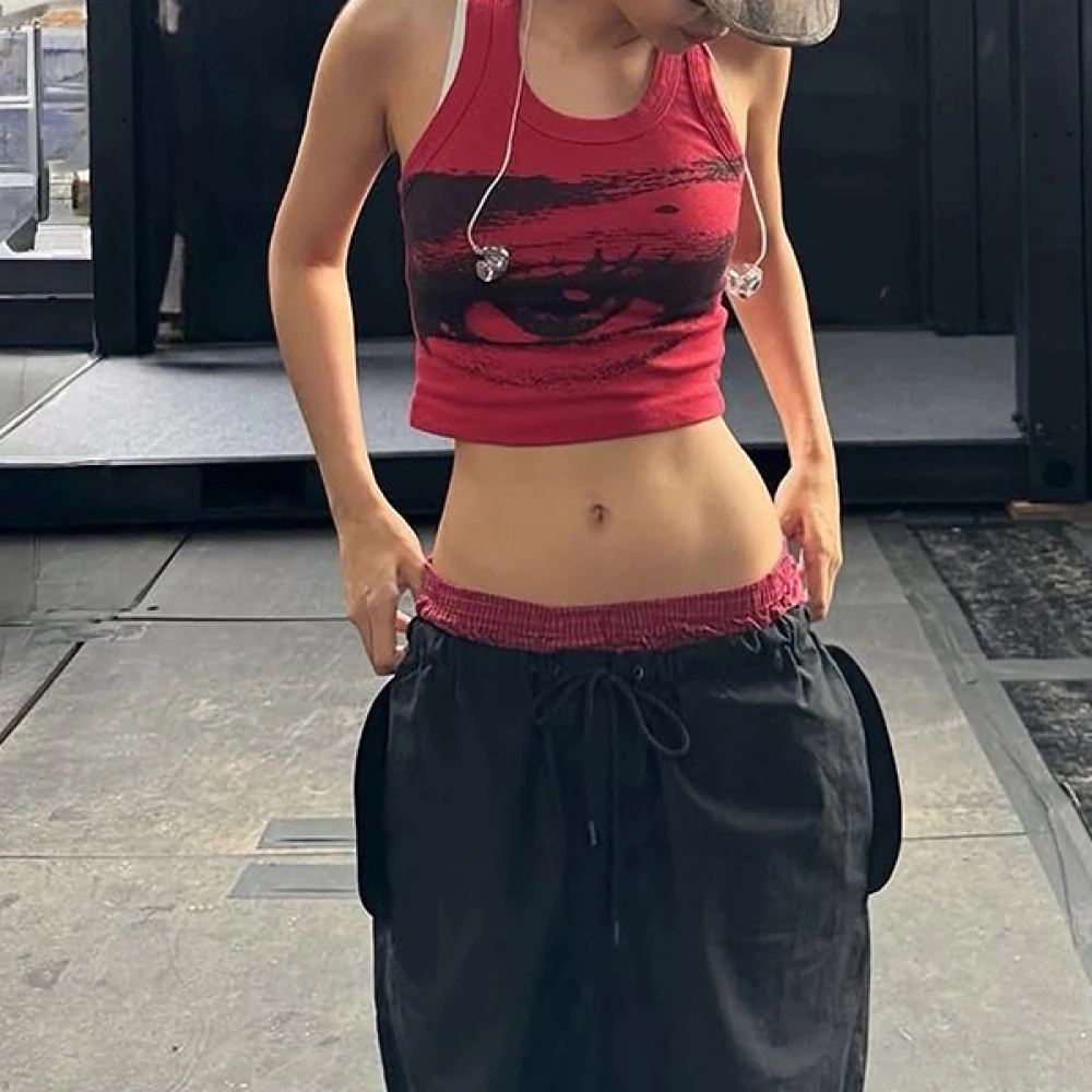 

SylCue High Street Style 2 Piece Set Women Fashion Navel Exposed Print Tank Tops+Patchwork Waist Drawstring Long Pant Casual Set
