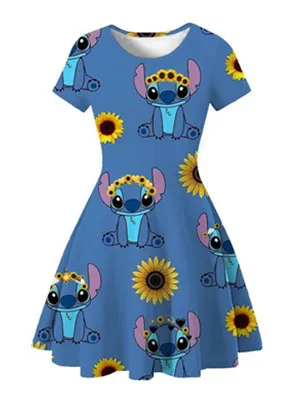 MINISO vestido de Stitch para niñas, ropa de dibujos animados de Mickey, Disney, seda de hielo, regalo de verano