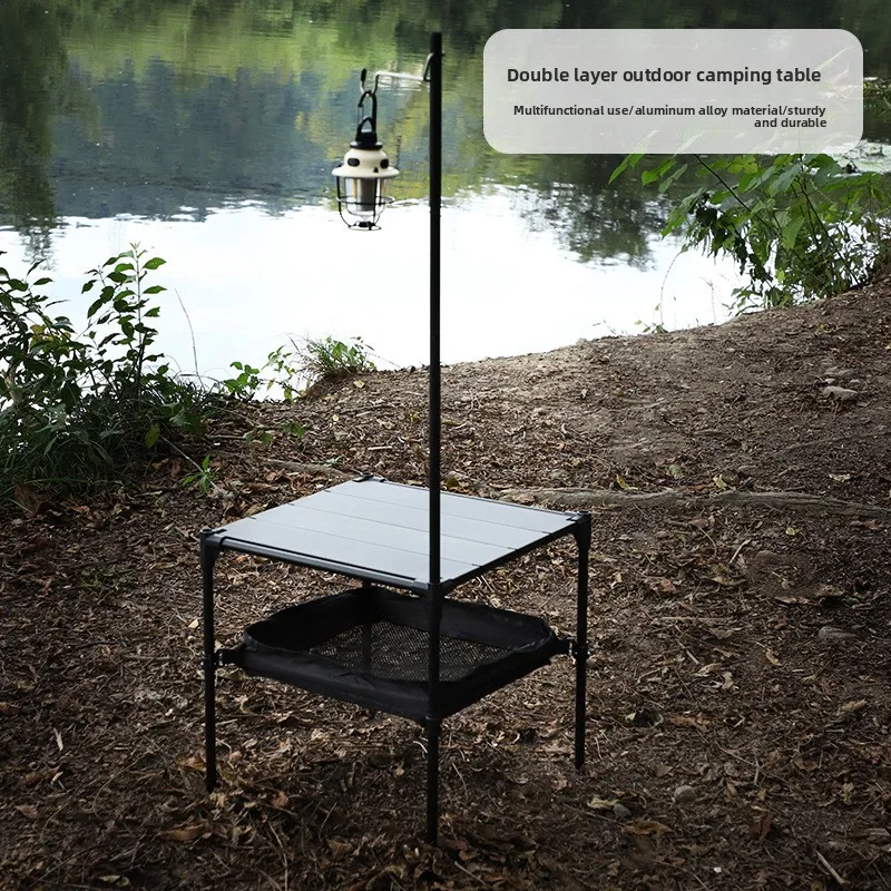 Double Layer Portable Folding Camping Table, Outdoor Travel BBQ Tea Desk for Self-driving Tour