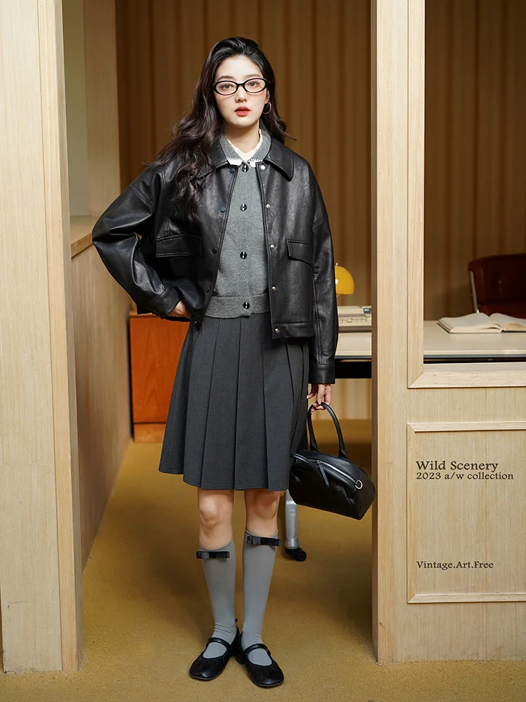 Giacca in pelle stile retrò da pilota/biker da donna, con spalle scese, vestibilità ampia, abbigliamento esterno corto, antivento, in PU, a maniche lunghe