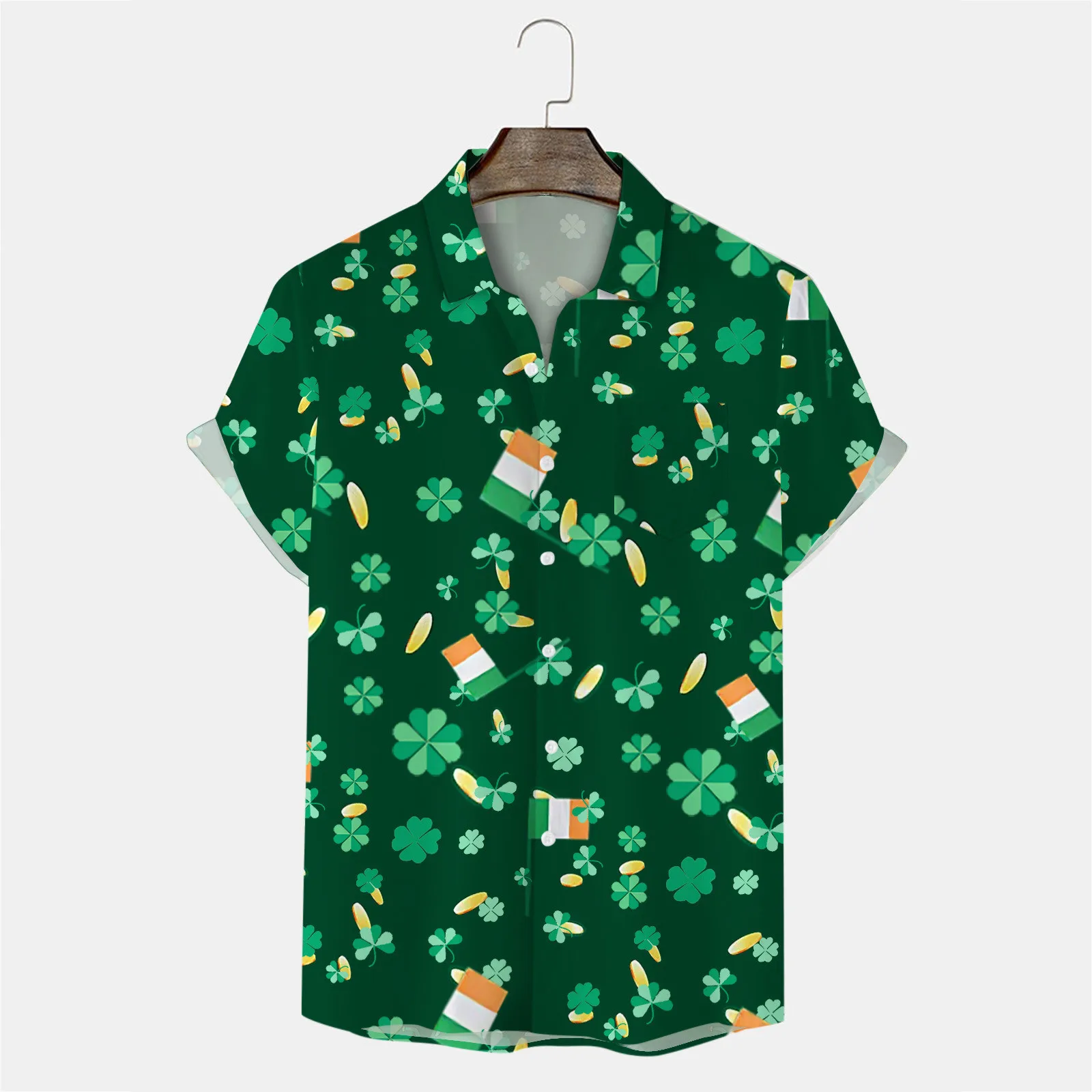 Mens Fashion St Patricks Day 3d Digital Printed Single Breasted Short Sleeved Shirt Beachwear Flower Fashion Shirts Tops