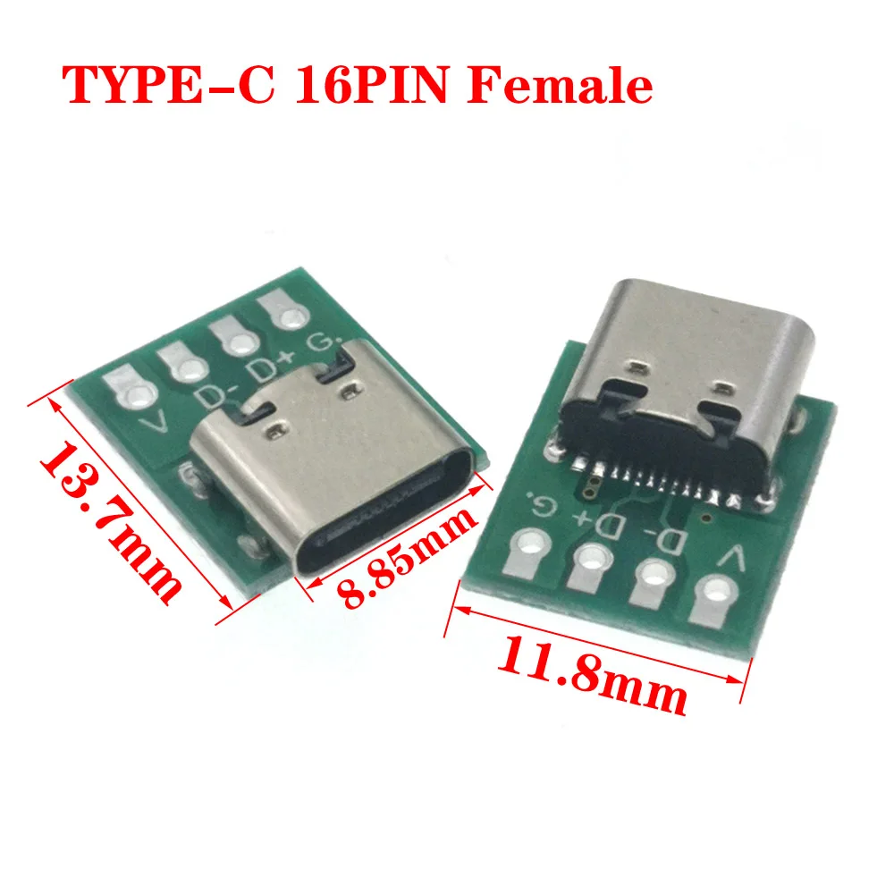 Alimentação de dados Adaptador Pin Board, DIY Test Board, USB Tipo-C para PCB, Juntas de solda fêmea, Transmissão, 16Pin, 2,54 milímetros, 6 8 12, 5Pcs