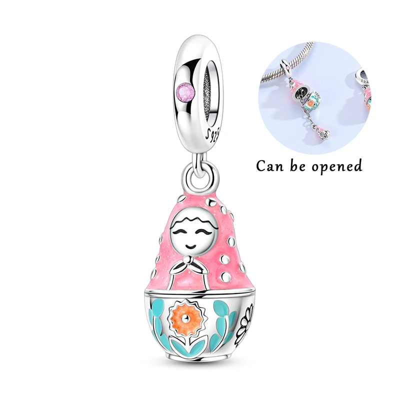925 Sterling Silver Charms Bead Pastel Russian Nesting Doll Dangle Fit Original Bracelet DIY Women Jewelry