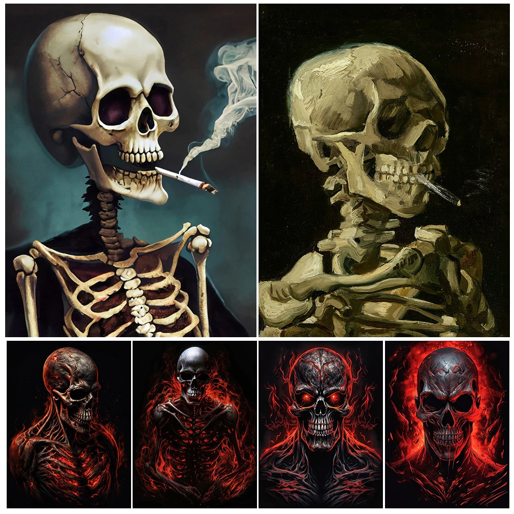 Smoking Skeleton Gothic Wall Art Canvas Painting Flaming Skeleton Vintage Abstract Art Poster And Print Home Decoration Unframed