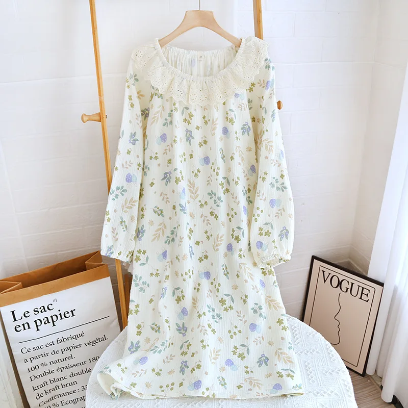 2024 New Spring and Autumn Women's Sleeping Skirt 100% Cotton Long Sleeve Skirt Print Loose Fit Long Skirt Home Dress