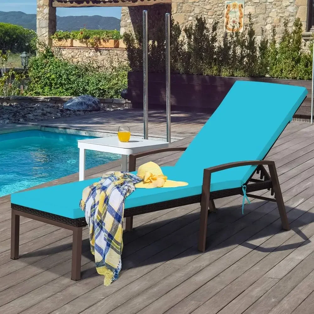 Turquoise Outdoor Reclining Rattan Lounge Chair with Cushion and Adjustable Backrest