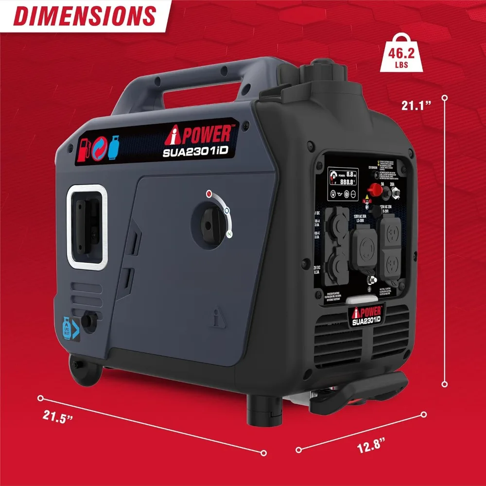 Portable Inverter Generator Dual Fuel, 2300W RV Ready, EPA & CARB Compliant CO Sensor, Light Weight with Telescopic Handle