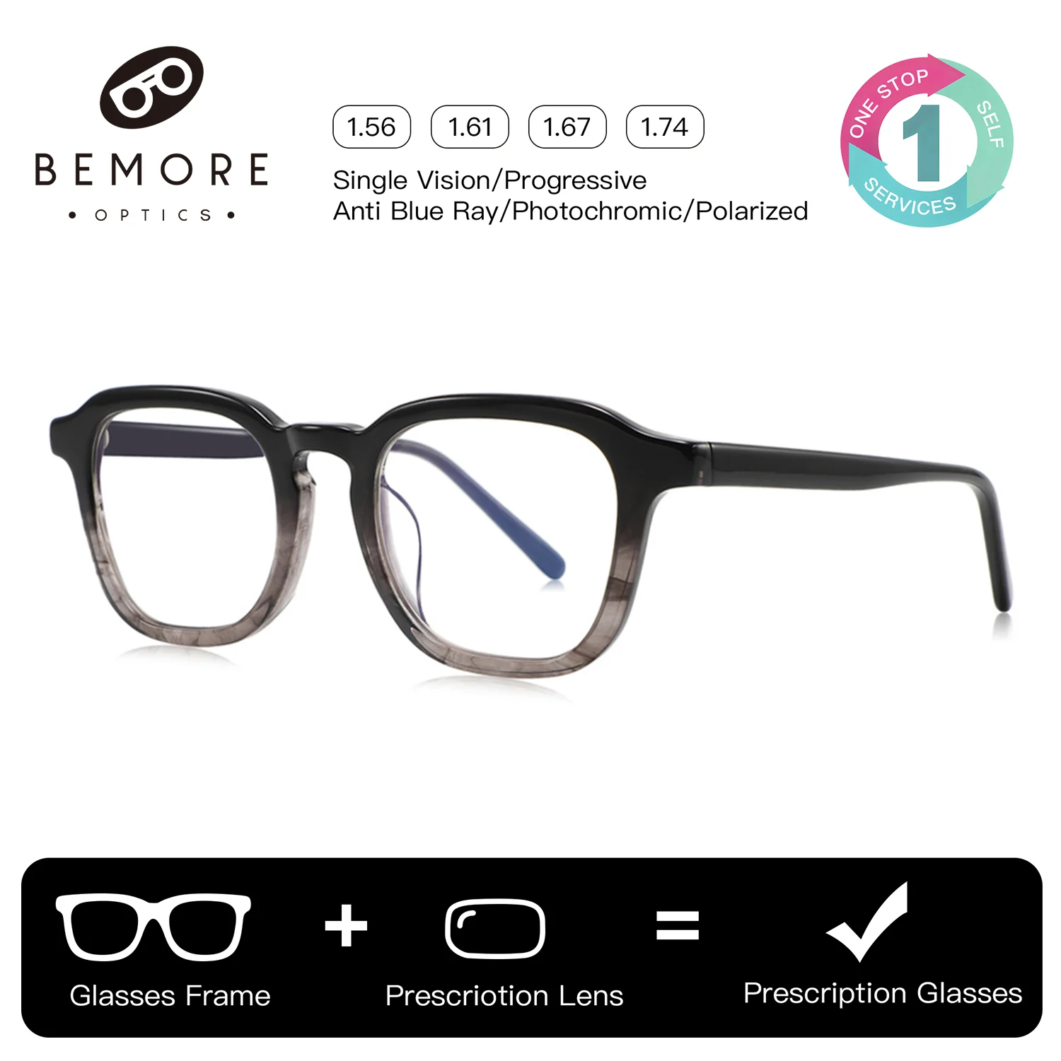 BEMORE Men's Eyeglasses with Medical Prescription Photochromic Anti-Blue Light Acetate Glasses Reading Progressive Custom