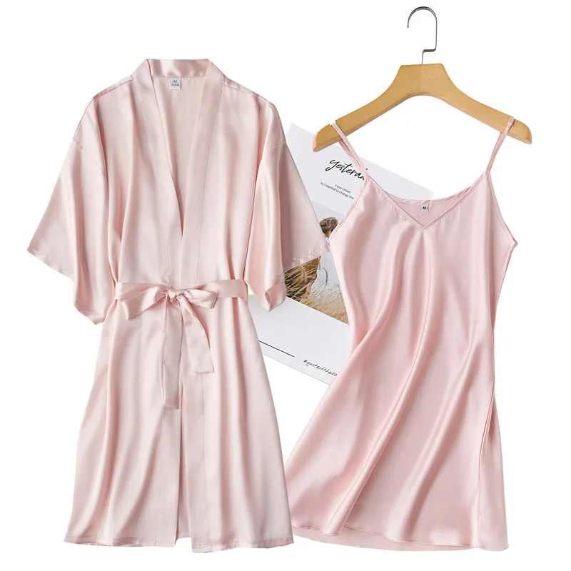 Bride Bridesmaid Wedding Robe Set Sexy Short 2PCS Robe Set Nightwear Casual Satin Champagne Sleepwear Kimono Bathrobe Gown