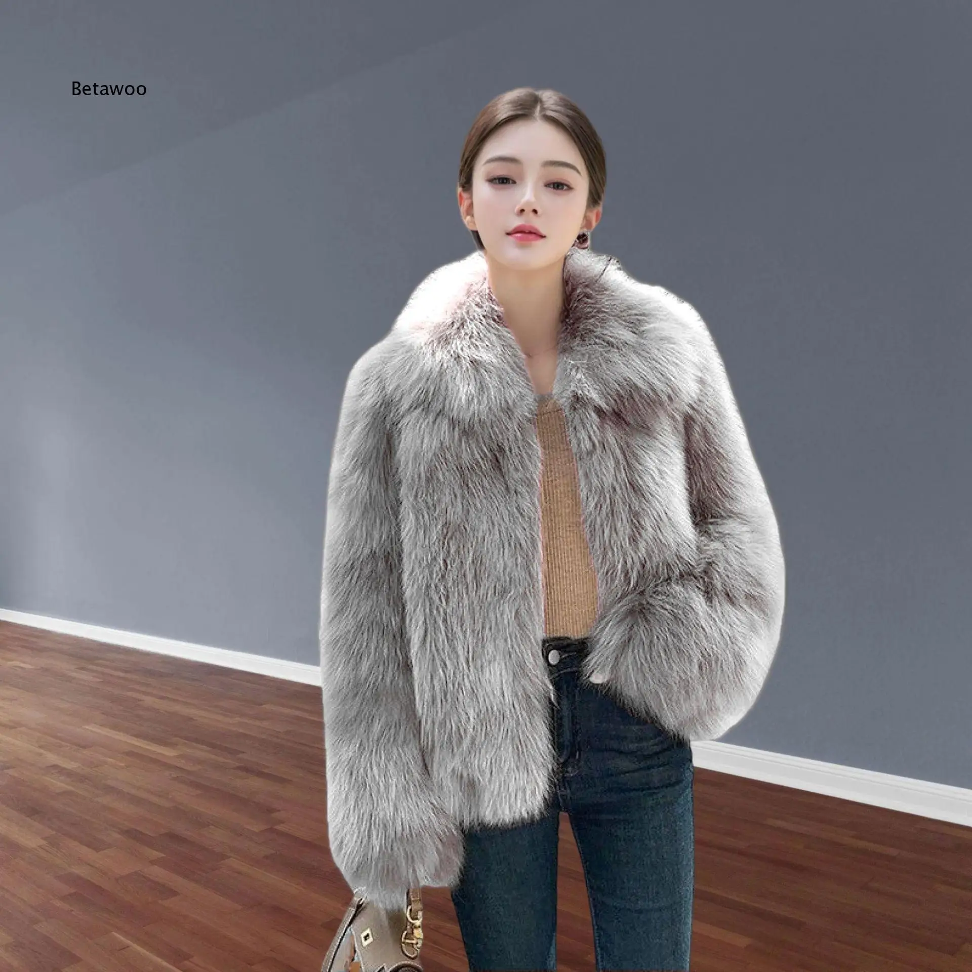 Womens fox style faux fur overcoat quilted inner lining elegant lady look fluffy outerwear warm winter top for party gathering