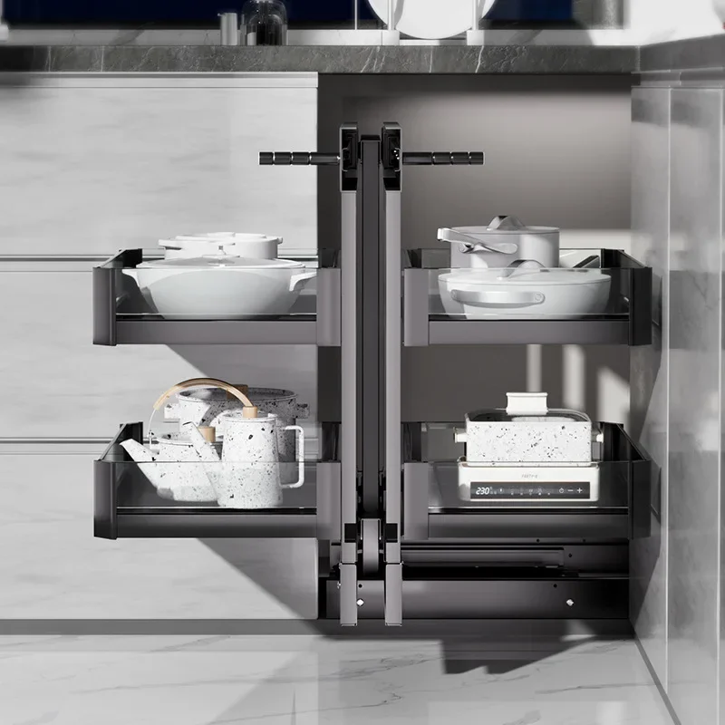 Corner pull-out basket, kitchen cabinet storage rack, corner rotating space aluminum monster, all pull-out linked bowl baskets