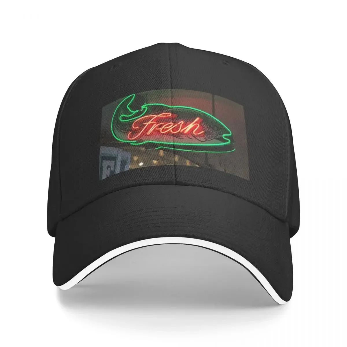 Neon Fish Market Sign, Seattle Pike Place Public Market, Washington Baseball Cap Cosplay Sun Cap black Caps Women Men's