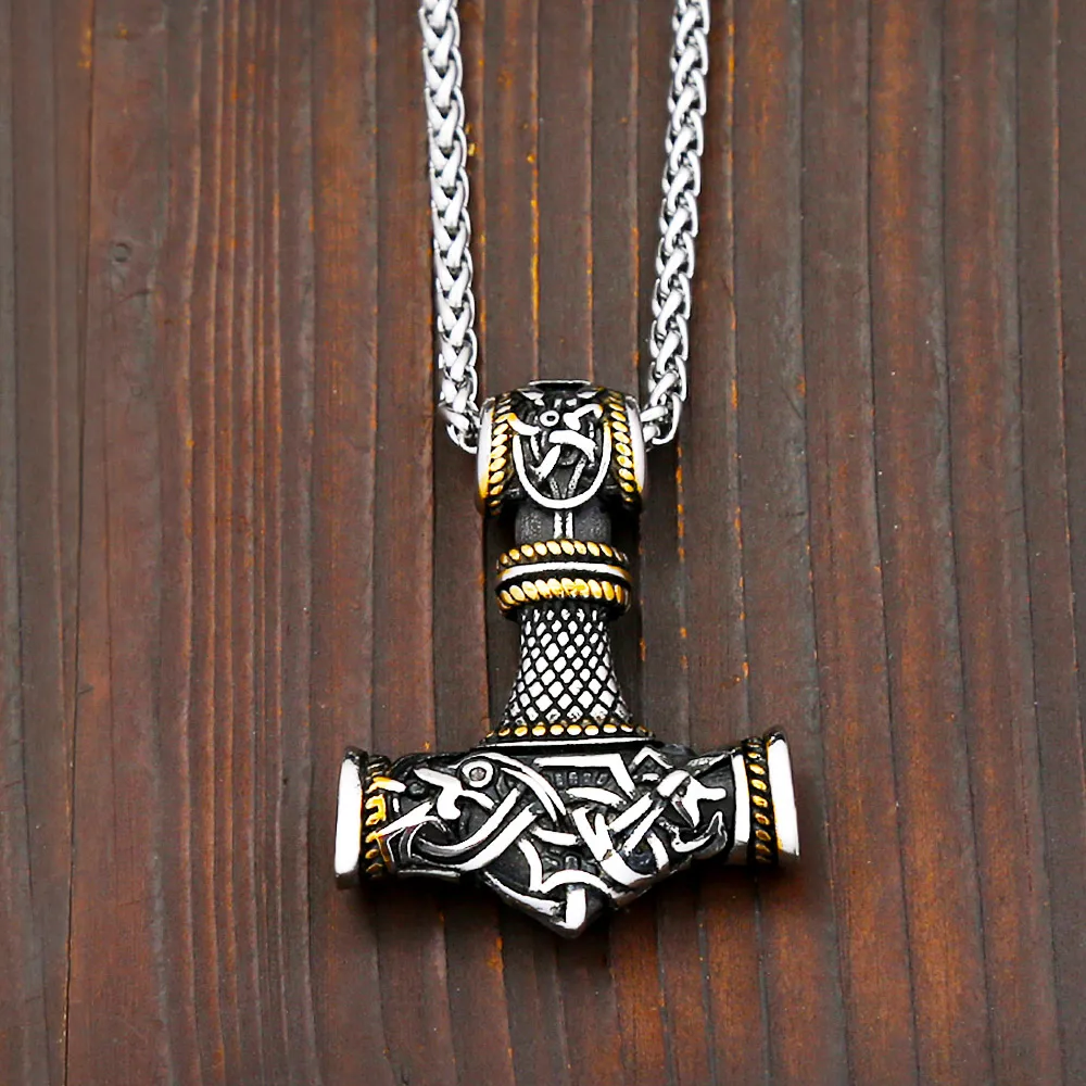 Norse Viking Mjolnir Stainless Steel Pendant Necklace Thor Hammer Animal Head Clasp Unisex Stylish Amulet Jewelry Festival Gift