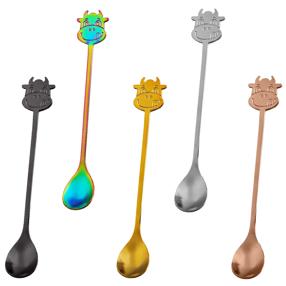 

5 Pcs Creative Bull Stainless Steel Spoons Colorful Dessert Coffee Stirring Spoon Set Lasting Use Home Cafe