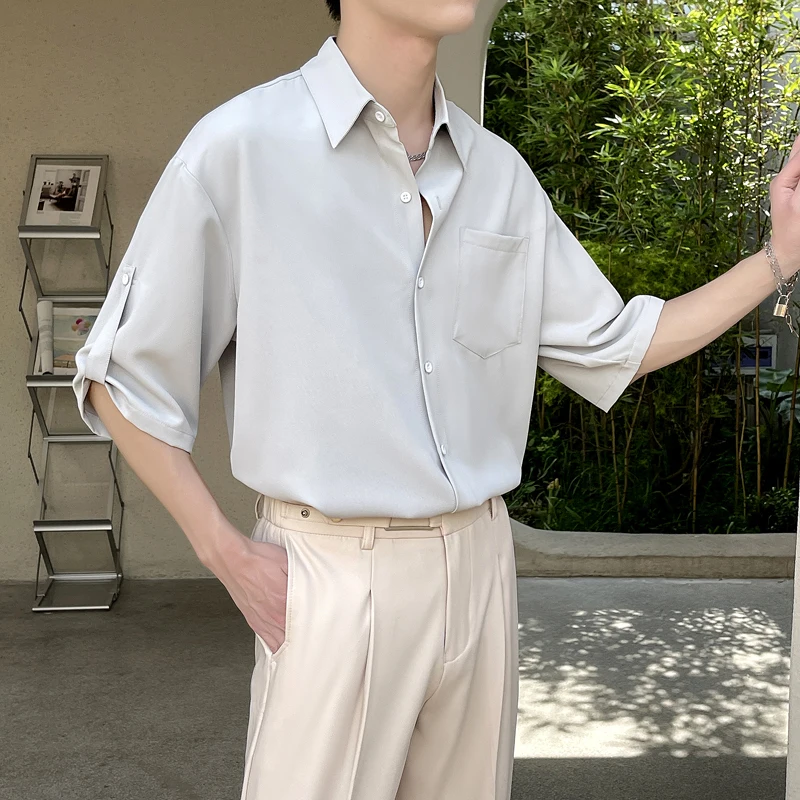 

Men's Ice Silk Short Sleeve Shirt Five-Quarter Sleeve Casual Lightweight Summer Loose Fit Shirt Shoulder-Down Outerwear