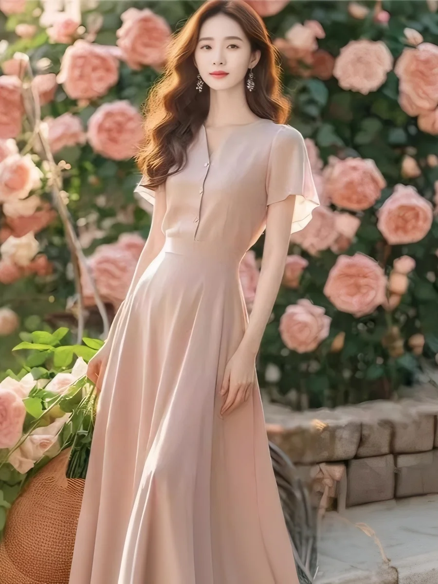 

2025 Women's Clothing Elegant V-neck waist dress Spring Summer New 0707