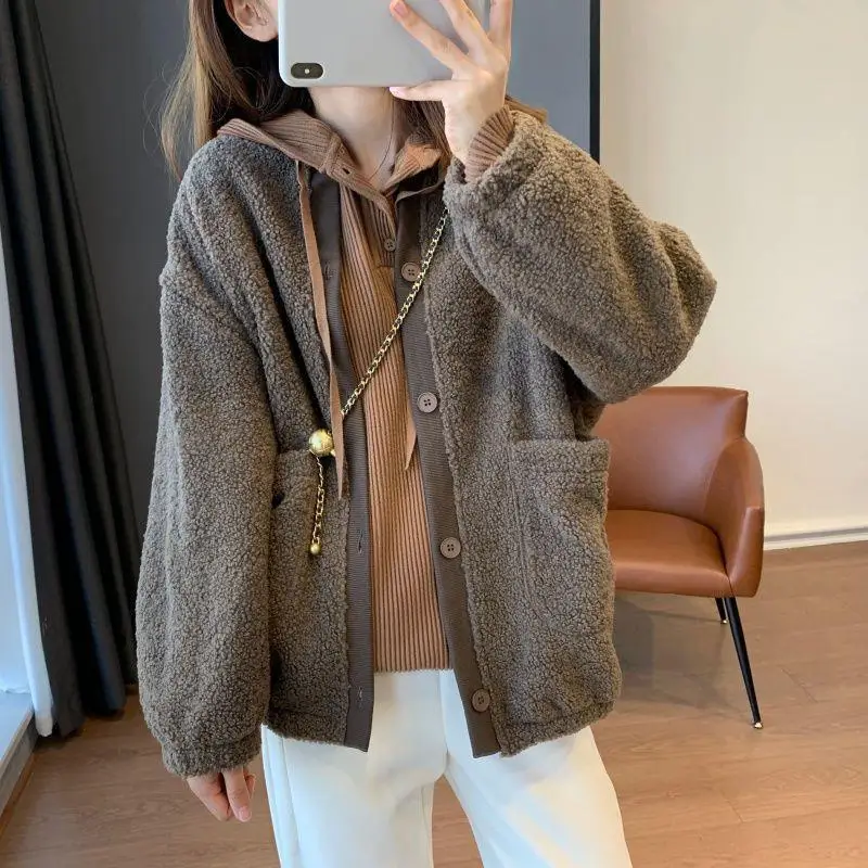 Autumn Winter Women Coat Thicken Stand Collar Zipper Faux Shearling Jackets Lazy Style Windproof Warm Lady Coat Women's Clothing