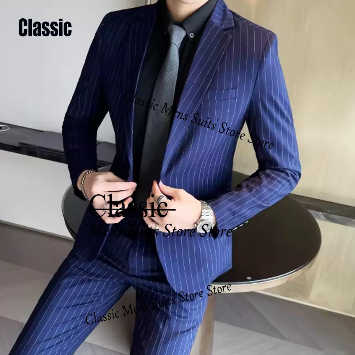 Customized 2 Piece Pinstripe Men's Suit Slim Fit for Formal Wedding Tuxedo Notched Exquisite Striped Business Groom Male Fashion