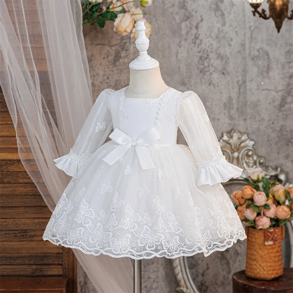 White Butterfly Embroidery Long Sleeve Bow Tulle Princess Dress Kids Girls Wedding Birthday Holiday Formal Pageant Costume ASQ03