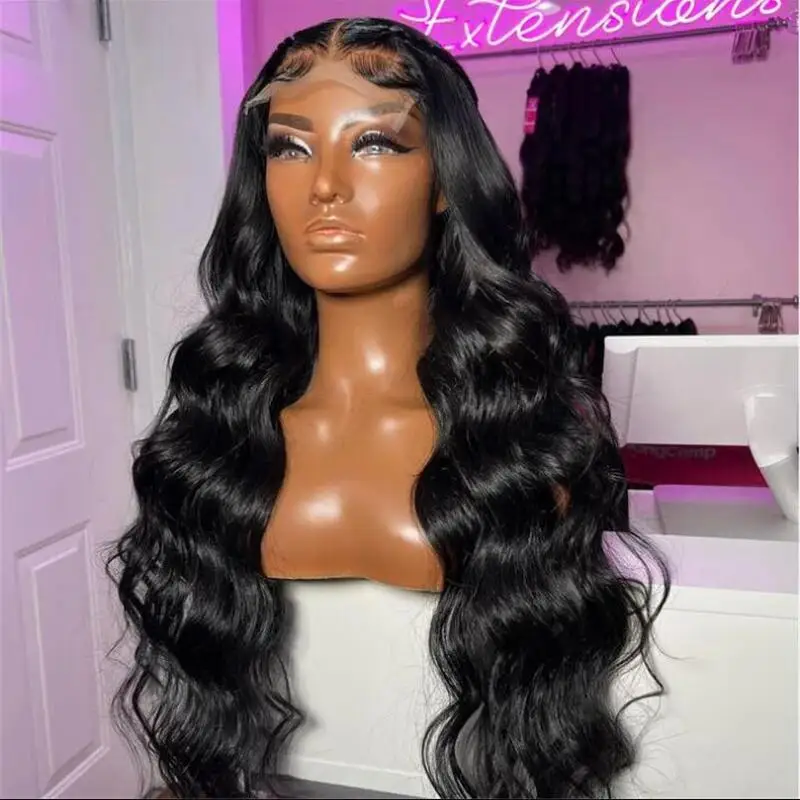 

26Inch Natural Black Soft 180Density Long Body Wave Lace Front Wig For Black Women BabyHair Heat Resistant Glueless Preplucked