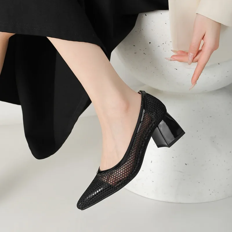 2026 Casual Women's Shoes Pointed Block High Heels Breathable Mesh Fabric Summer Daily Shoe Size 33-43