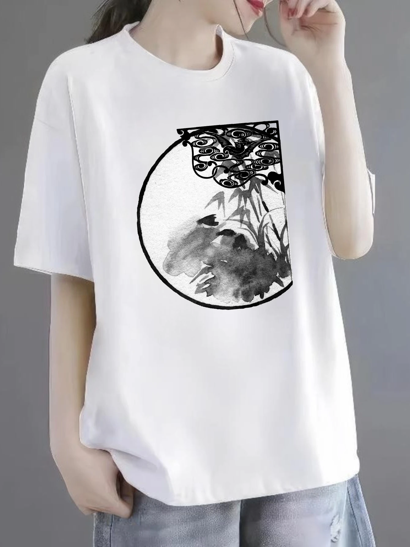 

Women's T-shirts Chinese style Gym t-shirt anime t shirts four seasons Casual 100% cotton Circular Ink Floral Design printed