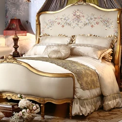 Letto polacco medievale retrò francese schienale alto tessuto jacquard legno massello 1.8 metri letto matrimoniale villa di lusso camera da letto