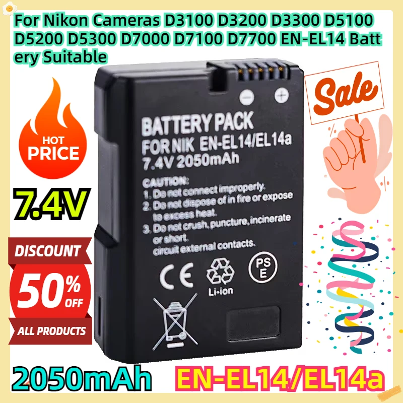 For Nikon Cameras D3100 D3200 D3300 D5100 D5200 D5300 D7000 D7100 D7700 EN-EL14 7.4V 2050mAh Battery Suitable