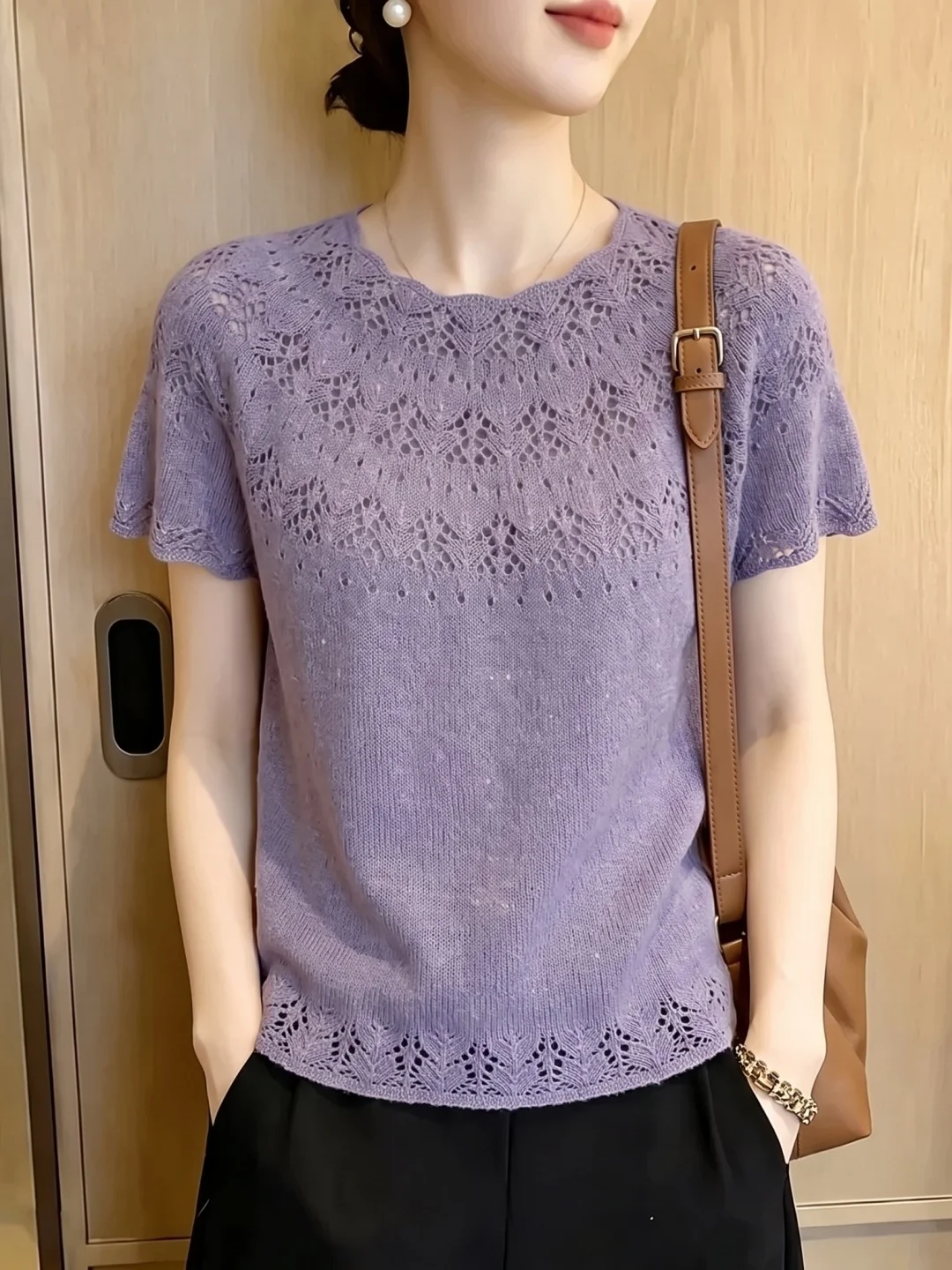 Elegant Hollow out Design Ice Silk Knitted Top Women's Fashionable Summer Shirt Lightweight Mature Style Commute Style