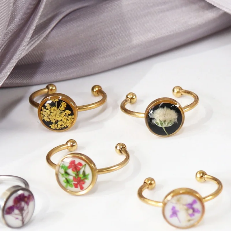 Wency Stainless Steel Dried Flower Round Rings For Women Eternal Flower Open Finger Ring Jewelry Wedding Band Gift Wholesale New