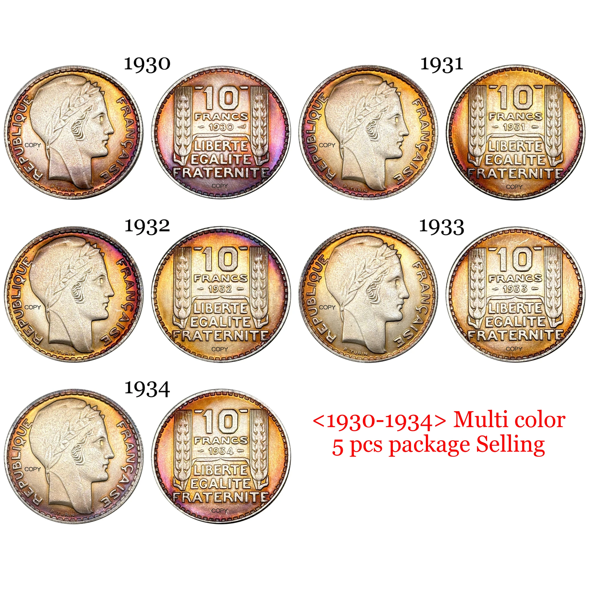 França 10 francos 1930 - 1934 5 peças vendendo república da liberte cópia banhada a prata moeda comemorativa moedas colecionáveis moneda
