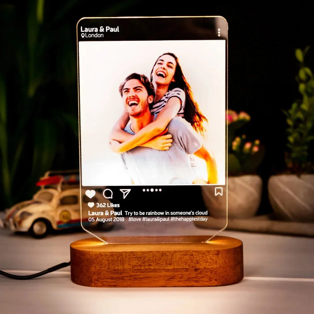 Imagem -02 - Lâmpada Led 3d Personalizada com Foto e Texto Personalizados Placa Musical Personalizada Dia dos Namorados Aniversário de Casamento Estilo Instagram